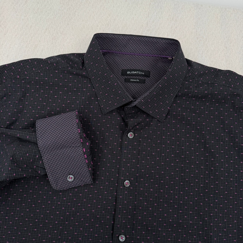 Bugatchi Mens XXL Classic Fit Long Sleeve Button Down Black/Purple Dotted